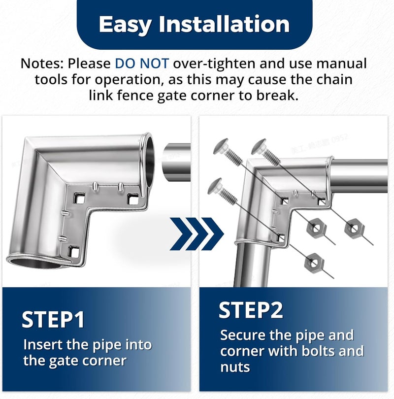 ranwin Aluminum Chain Link Fence Gate Corners for 1-3/8" x 1-3/8" OD Pipe, 90 Degree Gate Elbow Kit with Gloves, Bolts and Nuts, 4 Pack - Image 5